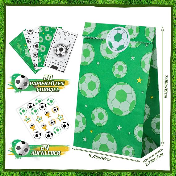 woric 20 Stück Papiertüten Fussball, 4 Stile Fussball Mitgebsel Tüten Geburtstagstüten Partytüten mit 24 Aufkleber für Valentinstag Ostern Deko Geburtstag Kinder Mottoparty Giveaways