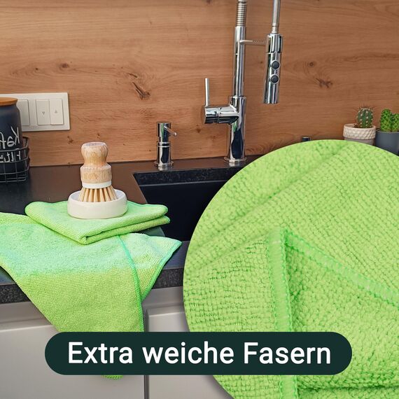 ZOLLNER 10er Set Mikrofasertücher für streifenfreien Glanz - flusenfreie und saugstarke Reinigungstücher - waschbar bis 60°C - 32x32cm in grün - Hotelqualität