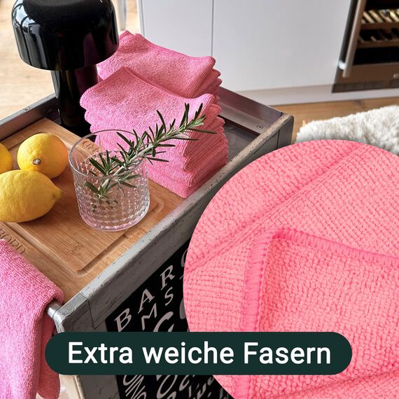 ZOLLNER 10er Set Mikrofasertücher für streifenfreien Glanz - flusenfreie und saugstarke Reinigungstücher - waschbar bis 60°C - 32x32cm in rosa - Hotelqualität