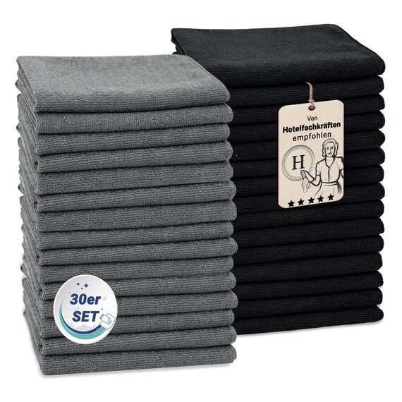 ZOLLNER 30er Set Mikrofasertücher für streifenfreien Glanz - flusenfreie und saugstarke Reinigungstücher - waschbar bis 60°C - 32x32cm - Hotelqualität