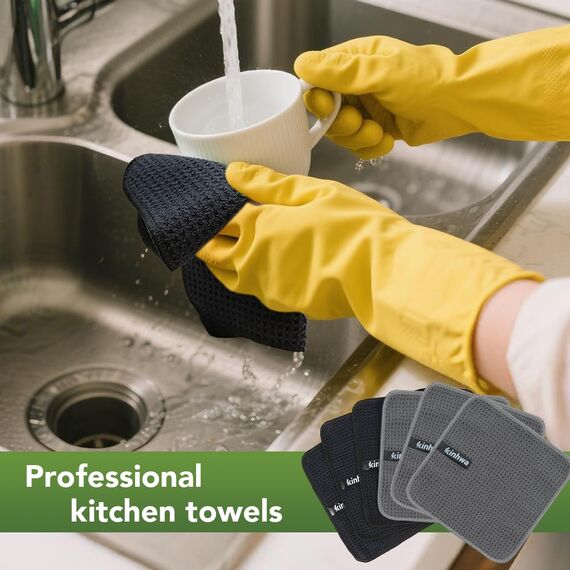KinHwa Spüllappen Schwarz +Grau Spültuch Waffeltuch Mikrofasertuch waschbar Spültücher für Küche Dicke Putzlappen Fusselfrei 20cmx20cm 6 Stück
