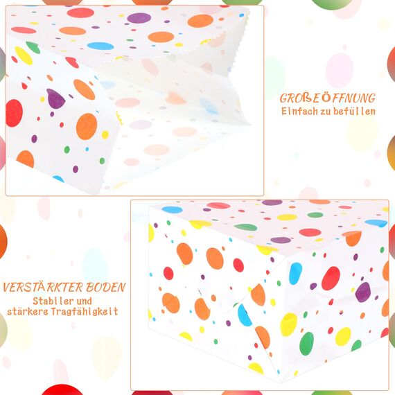 50 Stück Papiertüten Kindergeburtstag Klein, 18 x 9 x 5,5 cm Geschenktüten Klein mit 60 Aufkleber Regenbogen Punkte Mitgebsel Candy Tüten für Valentinstag Ostern Hochzeit Geburtstag Party