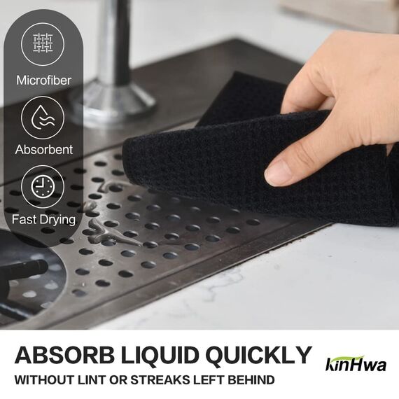 KinHwa Spüllappen schwarz Spültuch Waffeltuch Mikrofasertuch waschbar Spültücher für Küche Dicke Putzlappen Fusselfrei 30cmx30cm 6 Stück