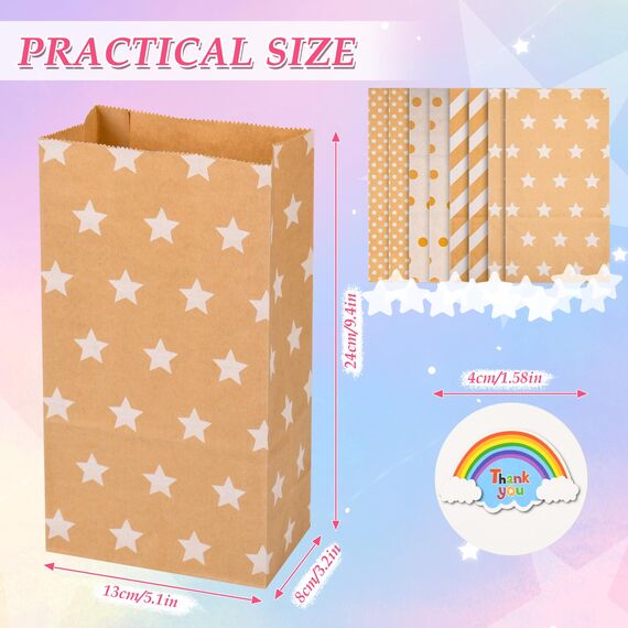 Papiertüten 20 Stück, Geschenktüten Kindergeburtstage mit 36 Bunte Aufkleber, Candy Tüten aus Papier, Kraftpapiertüten, Braune Beutel, für Kinder und Erwachsenenpartys, Geburtstage, Hochzeiten, Feiern