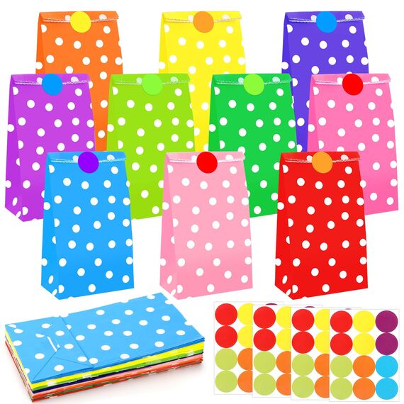 Papiertüten, 40 Stück Geschenktüten Papier Bunt mit 48 Aufkleber, Kraftpapier Tüten für Kindergeburtstag Hochzeiten Partys Weihnachten Geschenk, 24 x 13 x 8 cm, 10 Farben