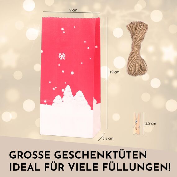 Nordstern Adventskalender zum Befüllen 2025 mit 24 Weihnachts-Papiertüten, Weihnachtsaufkleber, Juteschnur und Holz Klammern, Geschenktüten zum Basteln und Verschenken