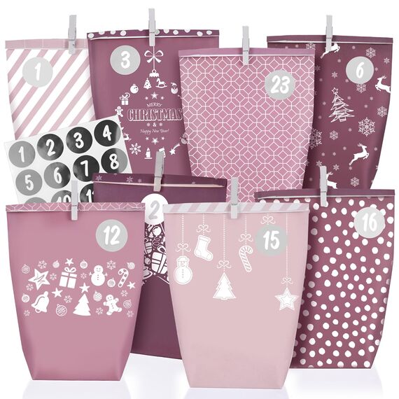 Adventskalender Tüten zum Befüllen 2025, Weihnachtskalender Papiertüten zum Selber Basteln, rosa Stil, 24 XXL Geschenktüten für Kinder frauen mädchen,Wiederverwendbar