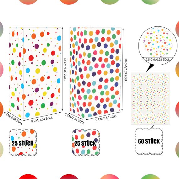 50 Stück Papiertüten Kindergeburtstag Klein, 18 x 9 x 5,5 cm Geschenktüten Klein mit 60 Aufkleber Regenbogen Punkte Mitgebsel Candy Tüten für Valentinstag Ostern Hochzeit Geburtstag Party