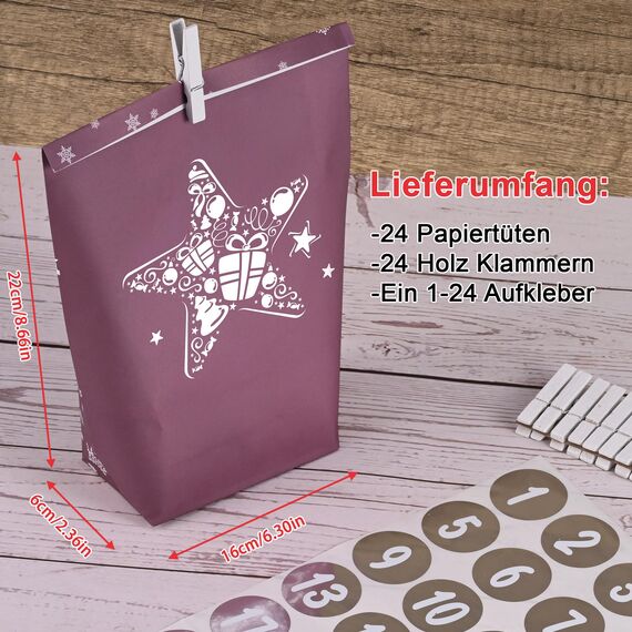 Adventskalender Tüten zum Befüllen 2025, Weihnachtskalender Papiertüten zum Selber Basteln, rosa Stil, 24 XXL Geschenktüten für Kinder frauen mädchen,Wiederverwendbar