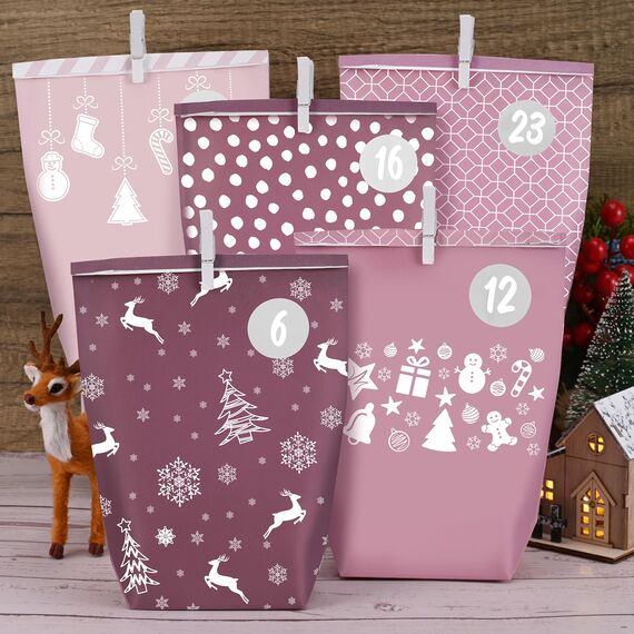 Adventskalender Tüten zum Befüllen 2025, Weihnachtskalender Papiertüten zum Selber Basteln, rosa Stil, 24 XXL Geschenktüten für Kinder frauen mädchen,Wiederverwendbar
