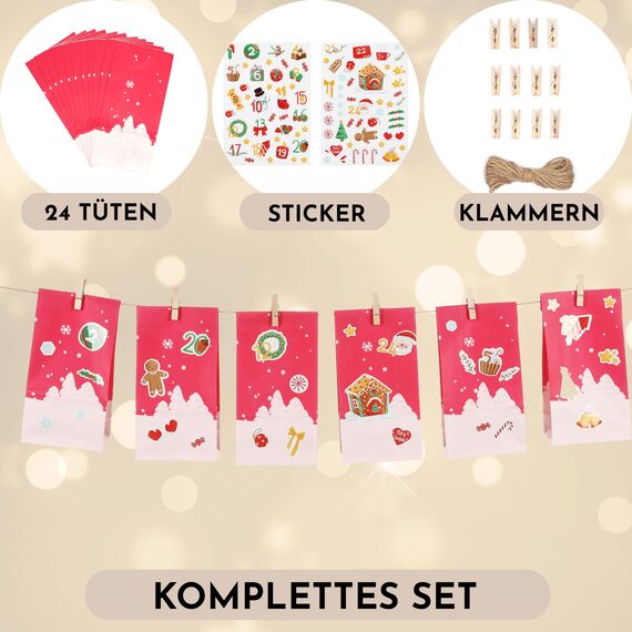 Nordstern Adventskalender zum Befüllen 2025 mit 24 Weihnachts-Papiertüten, Weihnachtsaufkleber, Juteschnur und Holz Klammern, Geschenktüten zum Basteln und Verschenken