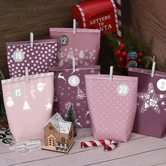 Adventskalender Tüten zum Befüllen 2025, Weihnachtskalender Papiertüten zum Selber Basteln, rosa Stil, 24 XXL Geschenktüten für Kinder frauen mädchen,Wiederverwendbar