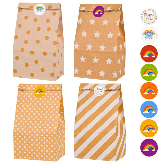 Papiertüten 20 Stück, Geschenktüten Kindergeburtstage mit 36 Bunte Aufkleber, Candy Tüten aus Papier, Kraftpapiertüten, Braune Beutel, für Kinder und Erwachsenenpartys, Geburtstage, Hochzeiten, Feiern