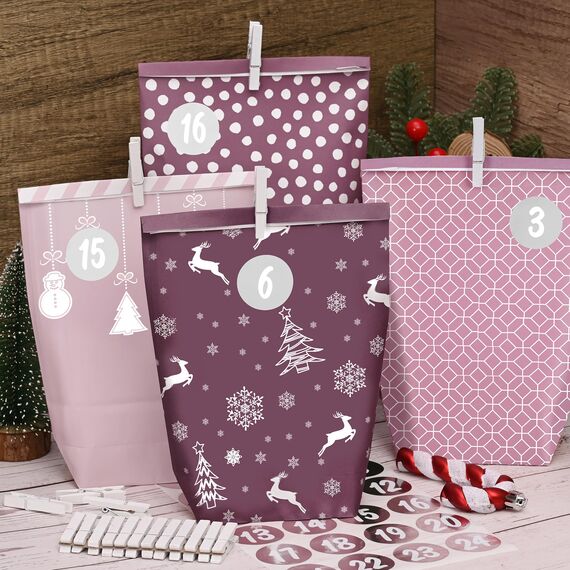 Adventskalender Tüten zum Befüllen 2025, Weihnachtskalender Papiertüten zum Selber Basteln, rosa Stil, 24 XXL Geschenktüten für Kinder frauen mädchen,Wiederverwendbar