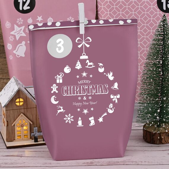 Adventskalender Tüten zum Befüllen 2025, Weihnachtskalender Papiertüten zum Selber Basteln, rosa Stil, 24 XXL Geschenktüten für Kinder frauen mädchen,Wiederverwendbar