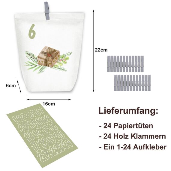 PANSIBY Adventskalender zum Befüllen, 24 Weihnachtskalender Geschenk Papiertüten Groß zum Selber Befüllen, Kraftpapiertüten Advents Tüten Selbstbefüllen mit Aufkleber für Kinder & Erwachsene