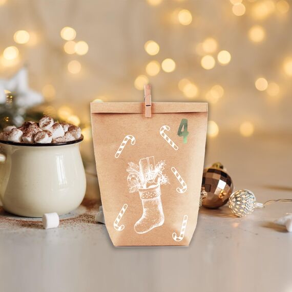 PANSIBY Adventskalender zum Befüllen, 24 Weihnachtskalender Geschenk Papiertüten Groß zum Selber Befüllen, Kraftpapiertüten Advents Tüten Selbstbefüllen mit Aufkleber für Kinder & Erwachsene
