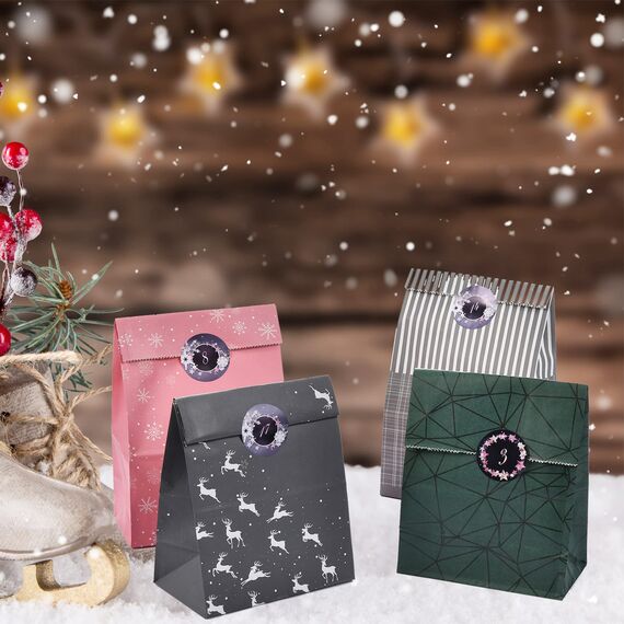 PANSIBY Adventskalender zum Befüllen, 24 Weihnachtskalender Geschenk Papiertüten Groß zum Selber Befüllen, Kraftpapiertüten Advents Tüten Selbstbefüllen mit Aufkleber für Kinder Mädchen und Frauen