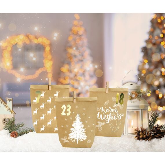 PANSIBY Adventskalender zum Befüllen, 24 Weihnachtskalender Geschenk Papiertüten Groß zum Selber Befüllen, Kraftpapiertüten Advents Tüten Selbstbefüllen mit Aufkleber für Kinder & Erwachsene