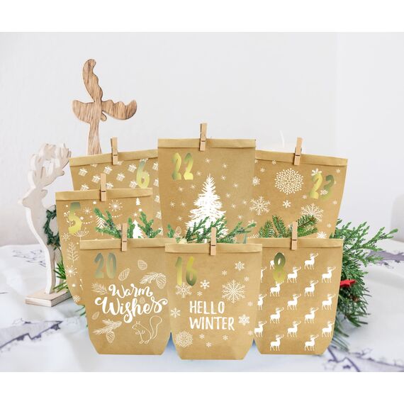 PANSIBY Adventskalender zum Befüllen, 24 Weihnachtskalender Geschenk Papiertüten Groß zum Selber Befüllen, Kraftpapiertüten Advents Tüten Selbstbefüllen mit Aufkleber für Kinder & Erwachsene