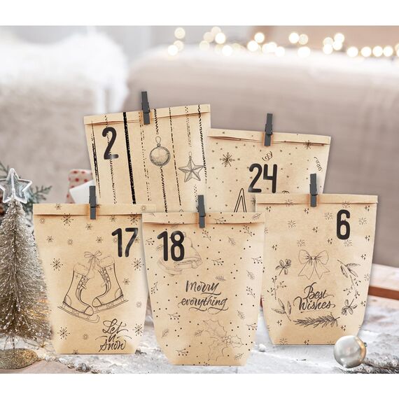 PANSIBY Adventskalender zum Befüllen, 24 Weihnachtskalender Geschenk Papiertüten Groß zum Selber Befüllen, Kraftpapiertüten Advents Tüten Selbstbefüllen mit Aufkleber für Kinder & Erwachsene
