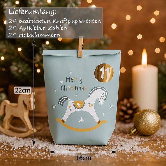 Adventskalender zum Befüllen, Weihnachtskalender zum selber befüllen, 24 Bedruckt Adventstüten zum selbst füllen, Geschenk Papiertüten mit Zahlen Aufkleber zum Selbstbefüllen (Blau)