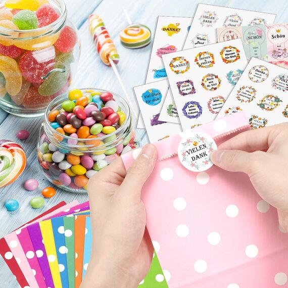 KASZOO Papiertüten, 40 Stück Bunte Geschenktütenmit 84 Aufkleber (Auf Deutsch) Candy Tüten zum Verpacken von Geschenken, Giveaways, Kindergeburtstag, Hochzeit, Party, usw