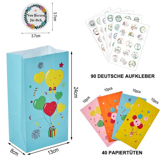 KASZOO 40 Stück Papiertüten, Bunte Geschenktüiten Candy Tüten mit 90 Aufkleber (Auf Deutsch) zum Verpacken von Geschenken, Giveaways, Kindergeburtstag, Hochzeit, Party,usw