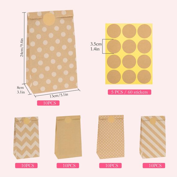 50 Stück Papiertüten Braun, 13 x 24 x 8cm Geschenktüten Braun Tüten Papier mit 60 Aufkleber, Papiertüten zum Verpacken von Weihnachtsgeschenken, Giveaways, Kindergeburtstagen