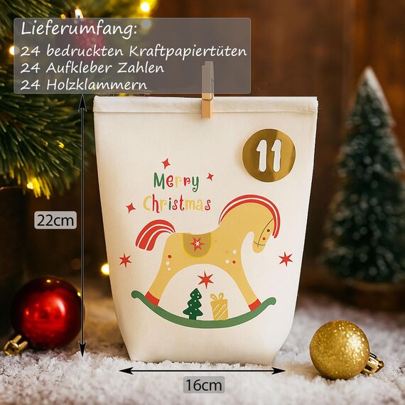 Adventskalender zum Befüllen, Weihnachtskalender zum selber befüllen, 24 Bedruckt Adventstüten zum selbst füllen, Geschenk Papiertüten mit Zahlen Aufkleber zum Selbstbefüllen (Rot)