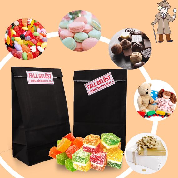 24 Stück Papiertüten zum Befüllen mit 24 Aufkleber Detektiv, Geschenktüten Kindergeburtstag, Geschenktasche Mitgebsel Tüten aus Kraftpapier, Schwarz Fall Gelöst Detektivparty für Junge, Mädchen