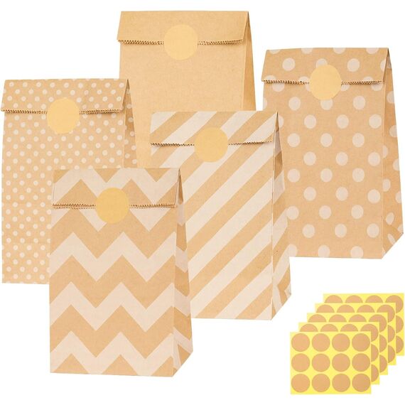 50 Stück Papiertüten Braun, 13 x 24 x 8cm Geschenktüten Braun Tüten Papier mit 60 Aufkleber, Papiertüten zum Verpacken von Weihnachtsgeschenken, Giveaways, Kindergeburtstagen