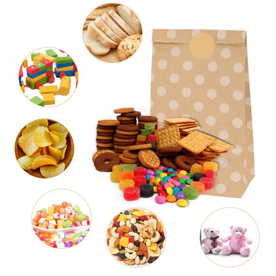 50 Stück Papiertüten Braun, 13 x 24 x 8cm Geschenktüten Braun Tüten Papier mit 60 Aufkleber, Papiertüten zum Verpacken von Weihnachtsgeschenken, Giveaways, Kindergeburtstagen