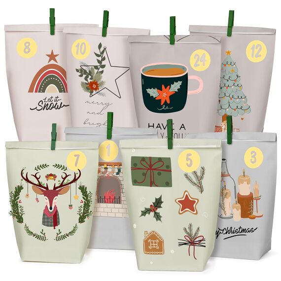Adventskalender zum Befüllen, 24 Weihnachtskalender Papiertüten,Scandinavian style - Weihnachtskalender zum Selber Befüllen für Kinder Junge und Männer, Wiederverwendbar