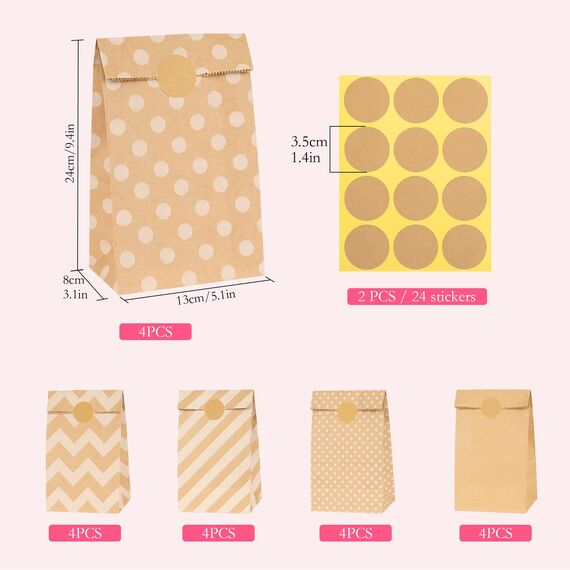 Papiertüten Braun, 20 Stück Geschenktüten Braun Tüten Papier mit 24 Aufkleber, Papiertüten zum Verpacken von Weihnachtsgeschenken, Giveaways, Kindergeburtstagen