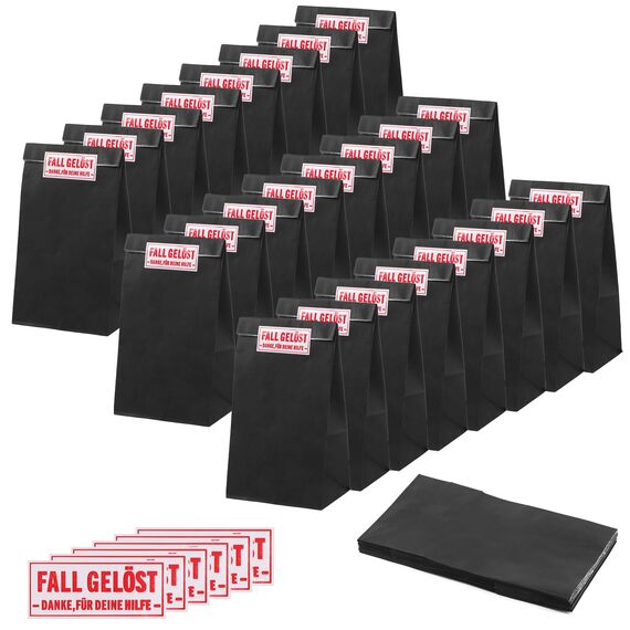 24 Stück Papiertüten zum Befüllen mit 24 Aufkleber Detektiv, Geschenktüten Kindergeburtstag, Geschenktasche Mitgebsel Tüten aus Kraftpapier, Schwarz Fall Gelöst Detektivparty für Junge, Mädchen