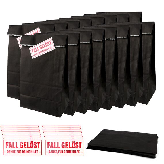 16 Stück Papiertüten zum Befüllen mit 16 Aufkleber Detektiv, Geschenktüten Kindergeburtstag, Geschenktasche Mitgebsel Tüten aus Kraftpapier, Schwarz Fall Gelöst Detektivparty für Junge, Mädchen