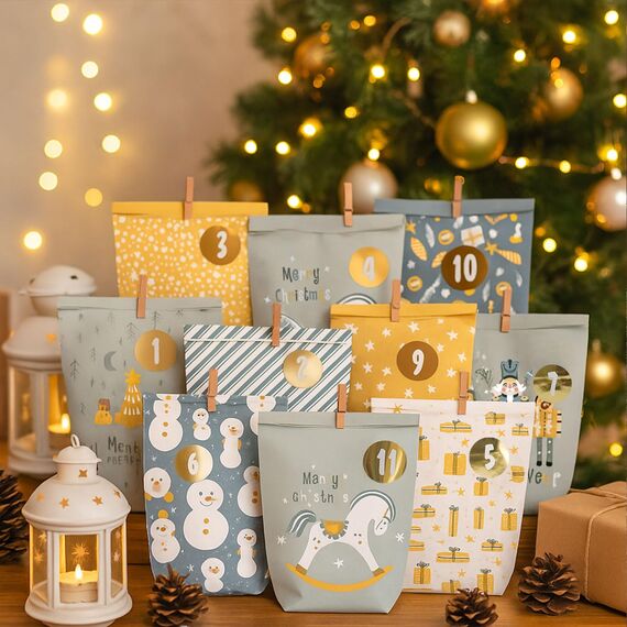 Adventskalender zum Befüllen, Weihnachtskalender zum selber befüllen, 24 Bedruckt Adventstüten zum selbst füllen, Geschenk Papiertüten mit Zahlen Aufkleber zum Selbstbefüllen (Blau)