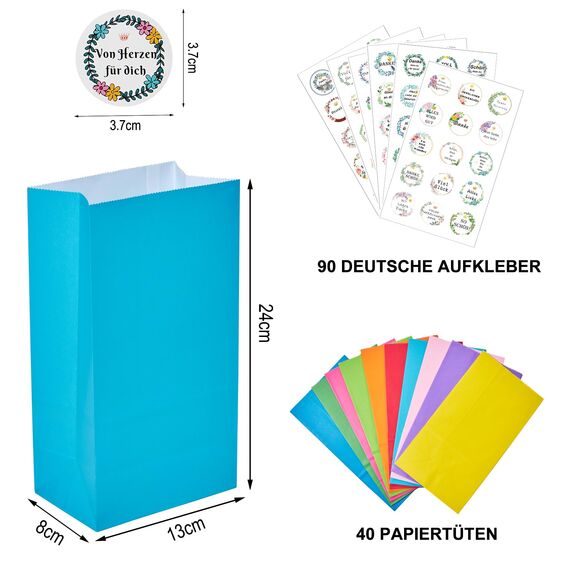 KASZOO 40 Stück Papiertüten, Bunte Geschenktüten Candy Tüten mit 90 Aufkleber (Auf Deutsch) zum Verpacken von Geschenken, Giveaways, Kindergeburtstag, Hochzeit, Party, usw
