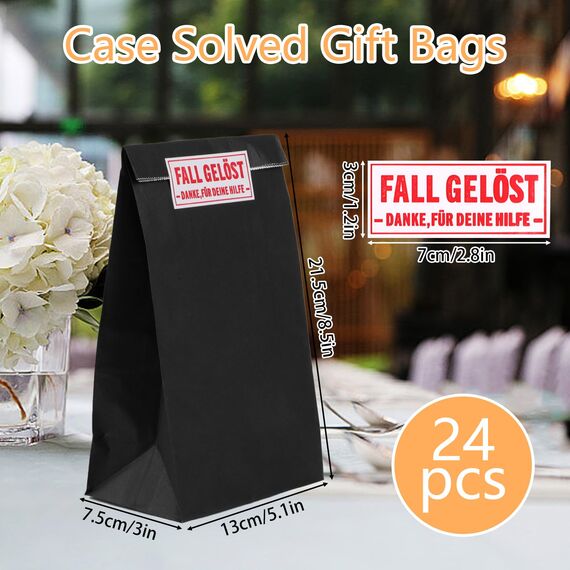 24 Stück Papiertüten zum Befüllen mit 24 Aufkleber Detektiv, Geschenktüten Kindergeburtstag, Geschenktasche Mitgebsel Tüten aus Kraftpapier, Schwarz Fall Gelöst Detektivparty für Junge, Mädchen