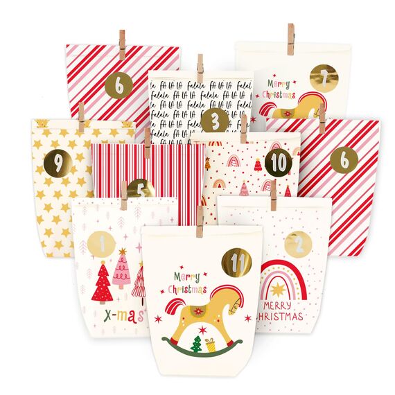 Adventskalender zum Befüllen, Weihnachtskalender zum selber befüllen, 24 Bedruckt Adventstüten zum selbst füllen, Geschenk Papiertüten mit Zahlen Aufkleber zum Selbstbefüllen (Rot)