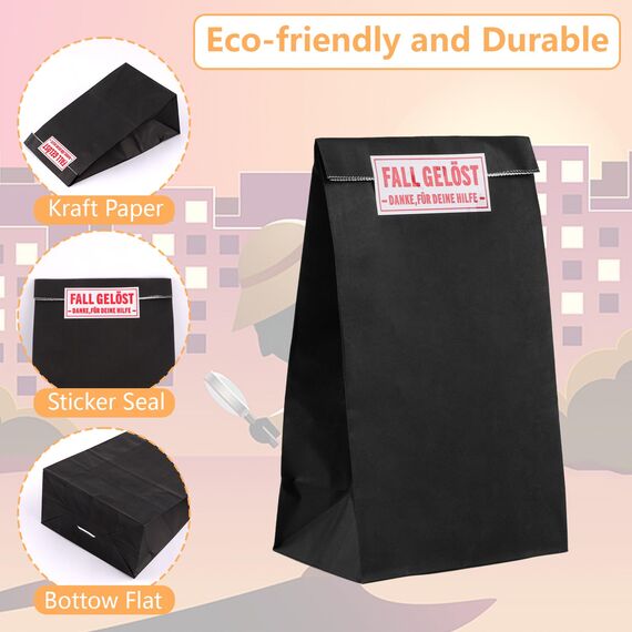 24 Stück Papiertüten zum Befüllen mit 24 Aufkleber Detektiv, Geschenktüten Kindergeburtstag, Geschenktasche Mitgebsel Tüten aus Kraftpapier, Schwarz Fall Gelöst Detektivparty für Junge, Mädchen