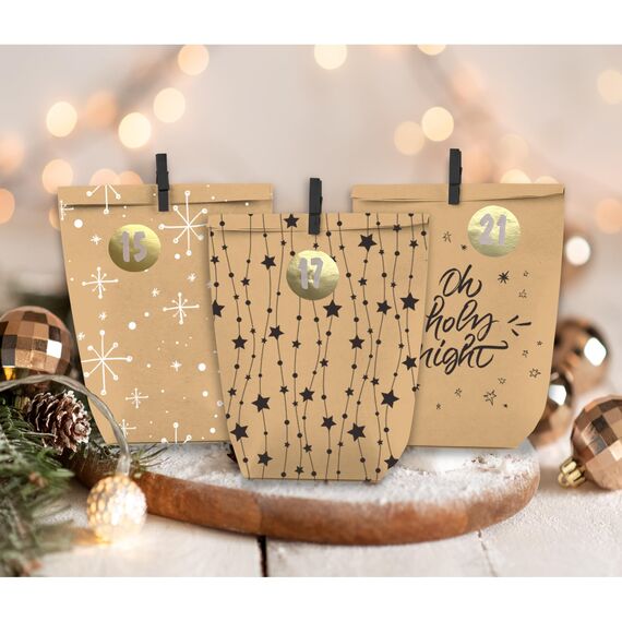 PANSIBY Adventskalender zum Befüllen, 24 Weihnachtskalender Geschenk Papiertüten Groß zum Selber Befüllen, Kraftpapiertüten Advents Tüten Selbstbefüllen mit Aufkleber für Kinder & Erwachsene