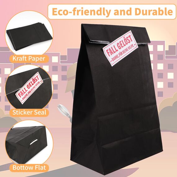 16 Stück Papiertüten zum Befüllen mit 16 Aufkleber Detektiv, Geschenktüten Kindergeburtstag, Geschenktasche Mitgebsel Tüten aus Kraftpapier, Schwarz Fall Gelöst Detektivparty für Junge, Mädchen