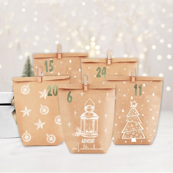 PANSIBY Adventskalender zum Befüllen, 24 Weihnachtskalender Geschenk Papiertüten Groß zum Selber Befüllen, Kraftpapiertüten Advents Tüten Selbstbefüllen mit Aufkleber für Kinder & Erwachsene