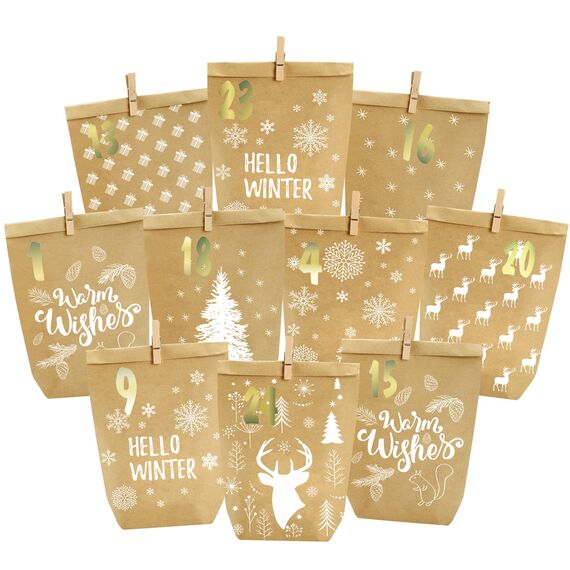 PANSIBY Adventskalender zum Befüllen, 24 Weihnachtskalender Geschenk Papiertüten Groß zum Selber Befüllen, Kraftpapiertüten Advents Tüten Selbstbefüllen mit Aufkleber für Kinder & Erwachsene