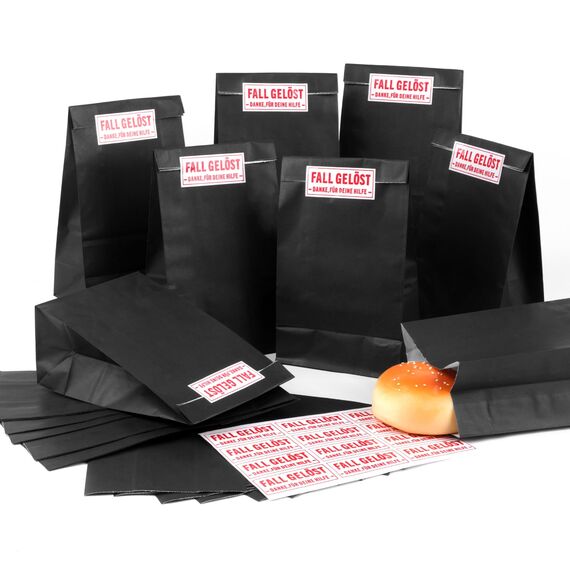 24 Stück Papiertüten zum Befüllen mit 24 Aufkleber Detektiv, Geschenktüten Kindergeburtstag, Geschenktasche Mitgebsel Tüten aus Kraftpapier, Schwarz Fall Gelöst Detektivparty für Junge, Mädchen