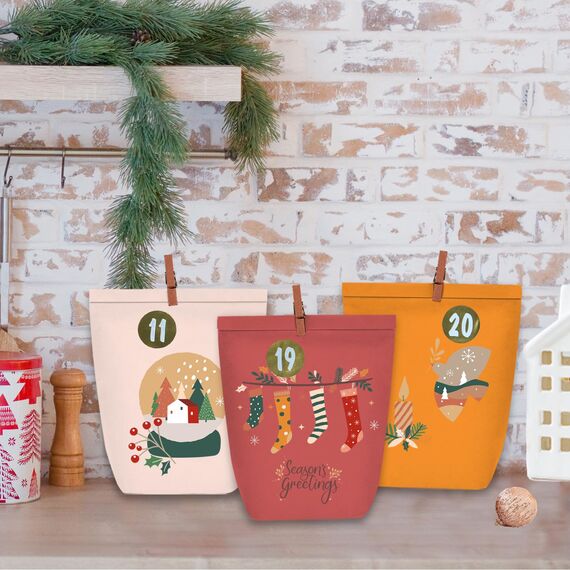 PANSIBY Adventskalender zum Befüllen, 24 Weihnachtskalender Geschenktüten zum Selber Basteln, Papiertüten mit Aufklebern zum Selbst Füllen, Kraftpapiertüten Boho Advents Selbstbefüllen