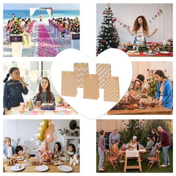 50 Stück Papiertüten Braun, 13 x 24 x 8cm Geschenktüten Braun Tüten Papier mit 60 Aufkleber, Papiertüten zum Verpacken von Weihnachtsgeschenken, Giveaways, Kindergeburtstagen
