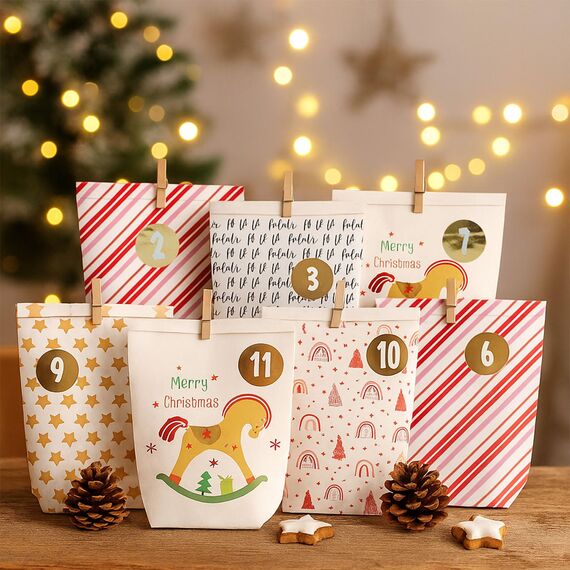 Adventskalender zum Befüllen, Weihnachtskalender zum selber befüllen, 24 Bedruckt Adventstüten zum selbst füllen, Geschenk Papiertüten mit Zahlen Aufkleber zum Selbstbefüllen (Rot)